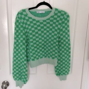Fuzzy Green Checkerboard Cropped Sweater
